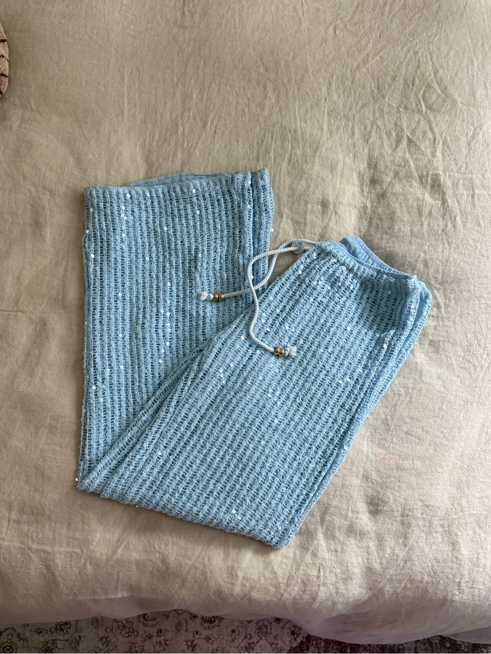 Light Blue Knit Lounge Pants with Drawstring